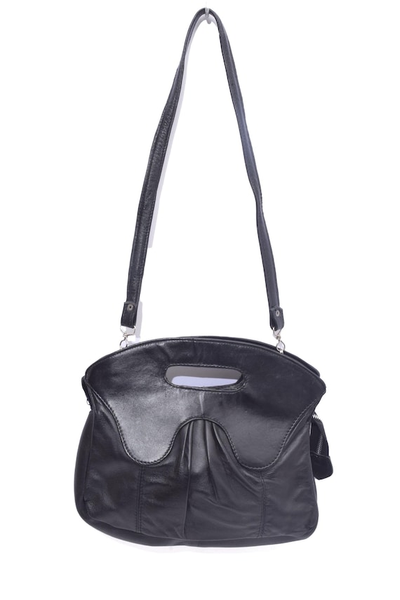 Vintage 80s Art Deco Style Black Real Leather Shoulder Bag Handbag Purse