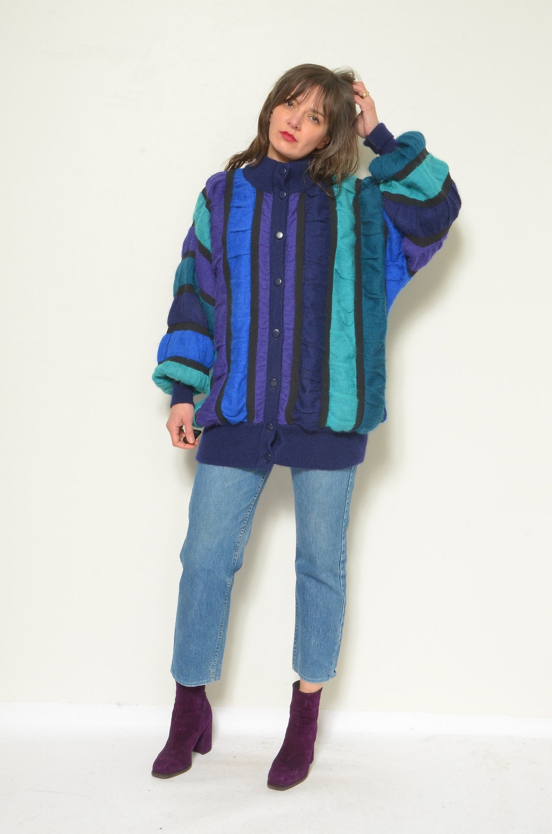 Vintage 80s ‘Yessica’ Wizard Embroidered Black Mohair Cardigan 16 18 M L