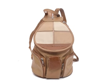Mochila vintage de cuero marrón con parches de los años 90