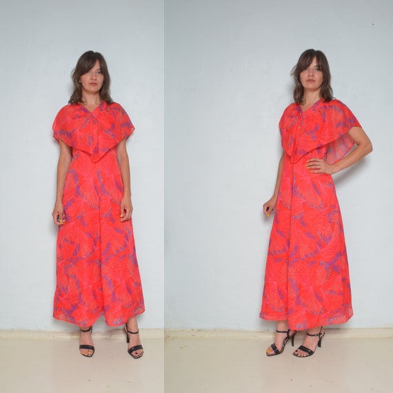 Floral Maxi Dress / Vintage 80s Angel Sleeve Long