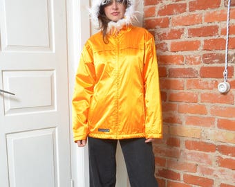 Vintage 90s Yellow Satin Puffer Parka | Faux Fur Hood, Unisex Medium