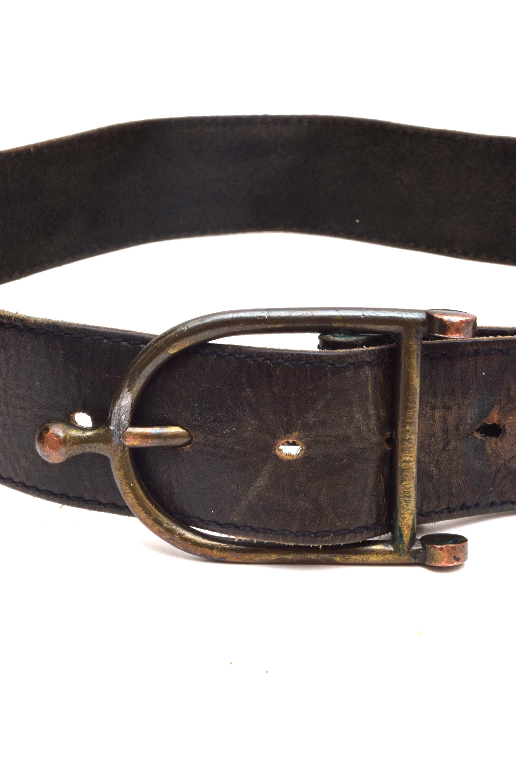 Vintage 90's Brown Leather Belt With Unique Curved Brass
