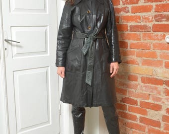 Vintage 80s Friitala Black Leather Trench Coat – Made in Finland