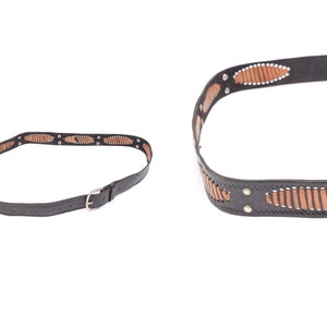 Vintage 90's Long Western Style Black and Brown Leather Belt with Silver Metal Buckle and Silver Studs