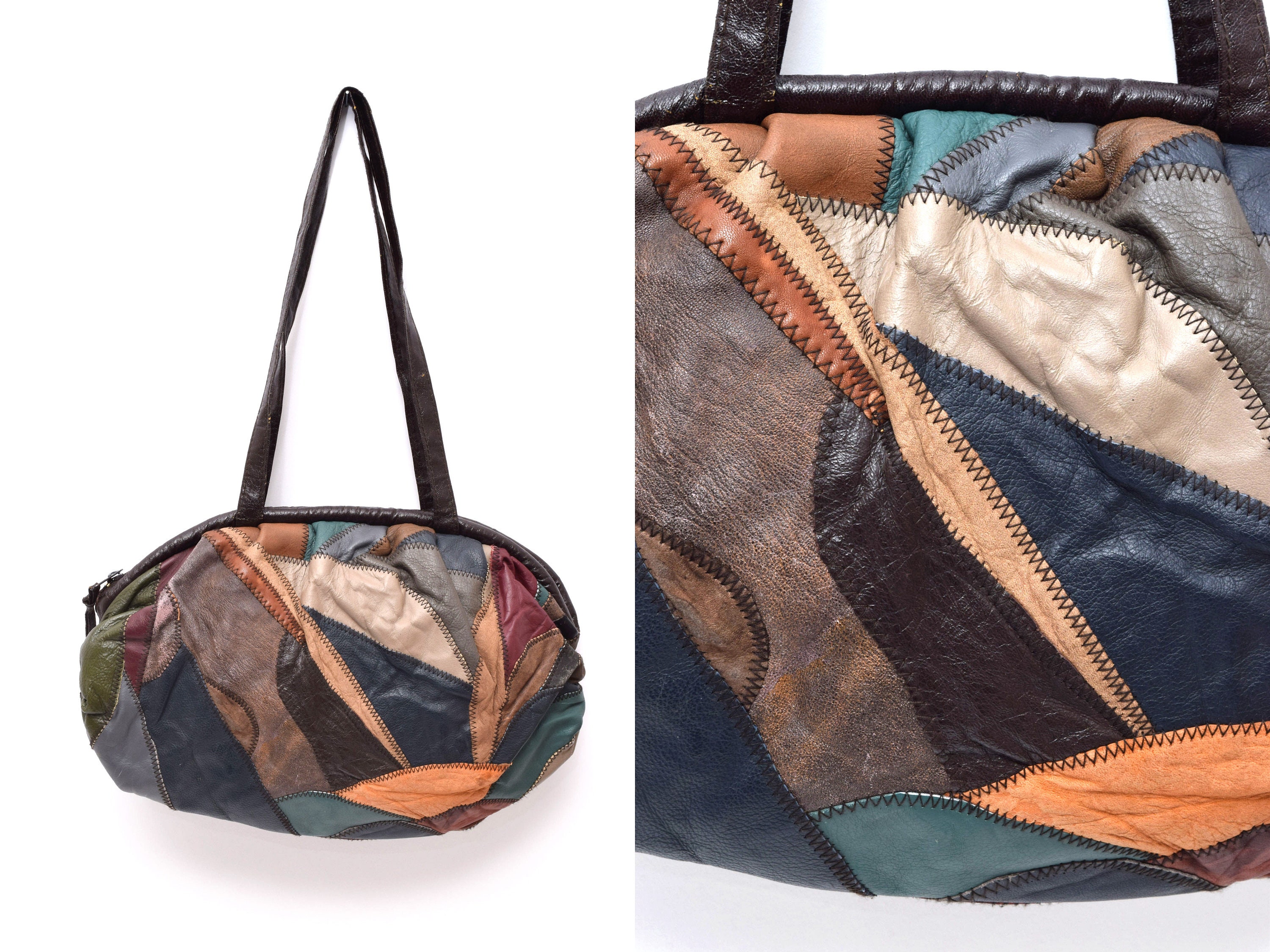 Vintage retro 70s leather boho patchwork bag purse - Women's handbags