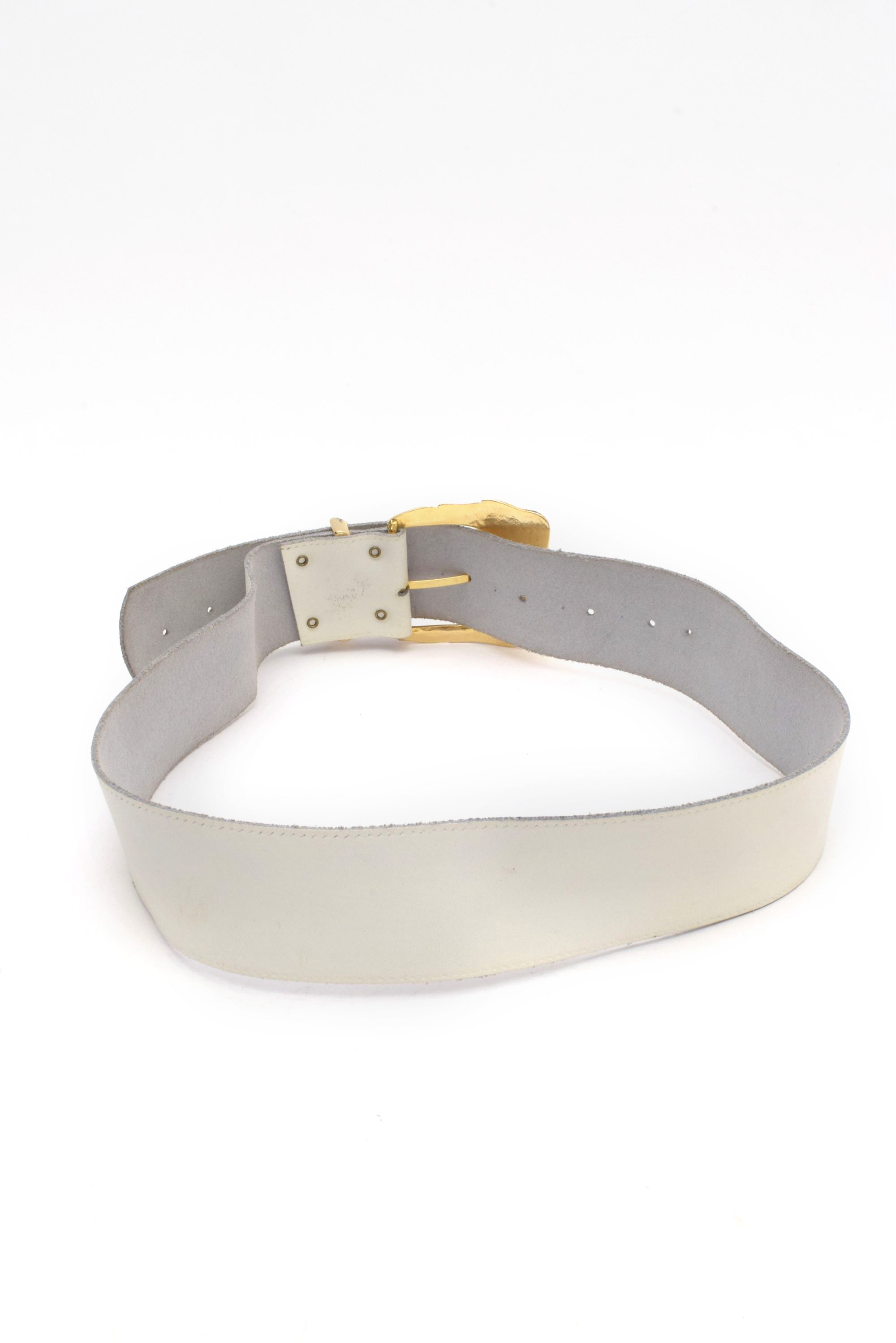Vintage 90s White Leather Belt With Large Gold Art Deco  display picture 3