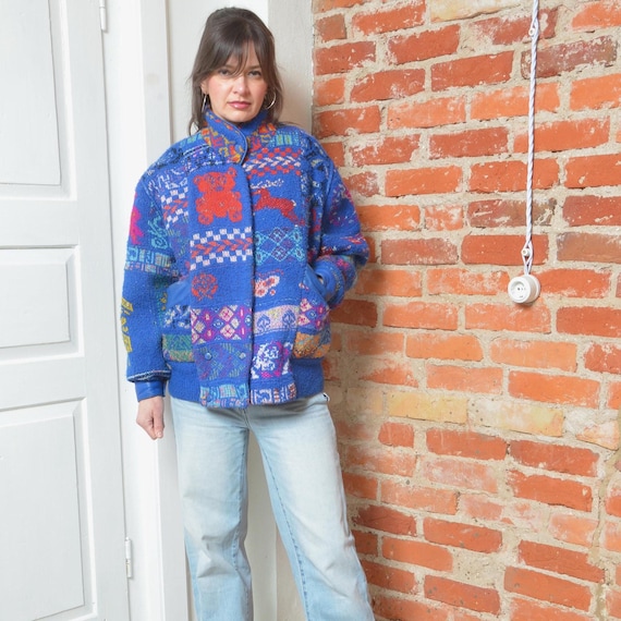 Vintage 90s Mitos Patchwork Knit Jacket Blue Folk… - image 1