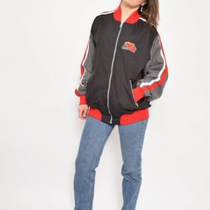Vintage 90s Color Block Zipper Jacket - Patched Flames, Size Large