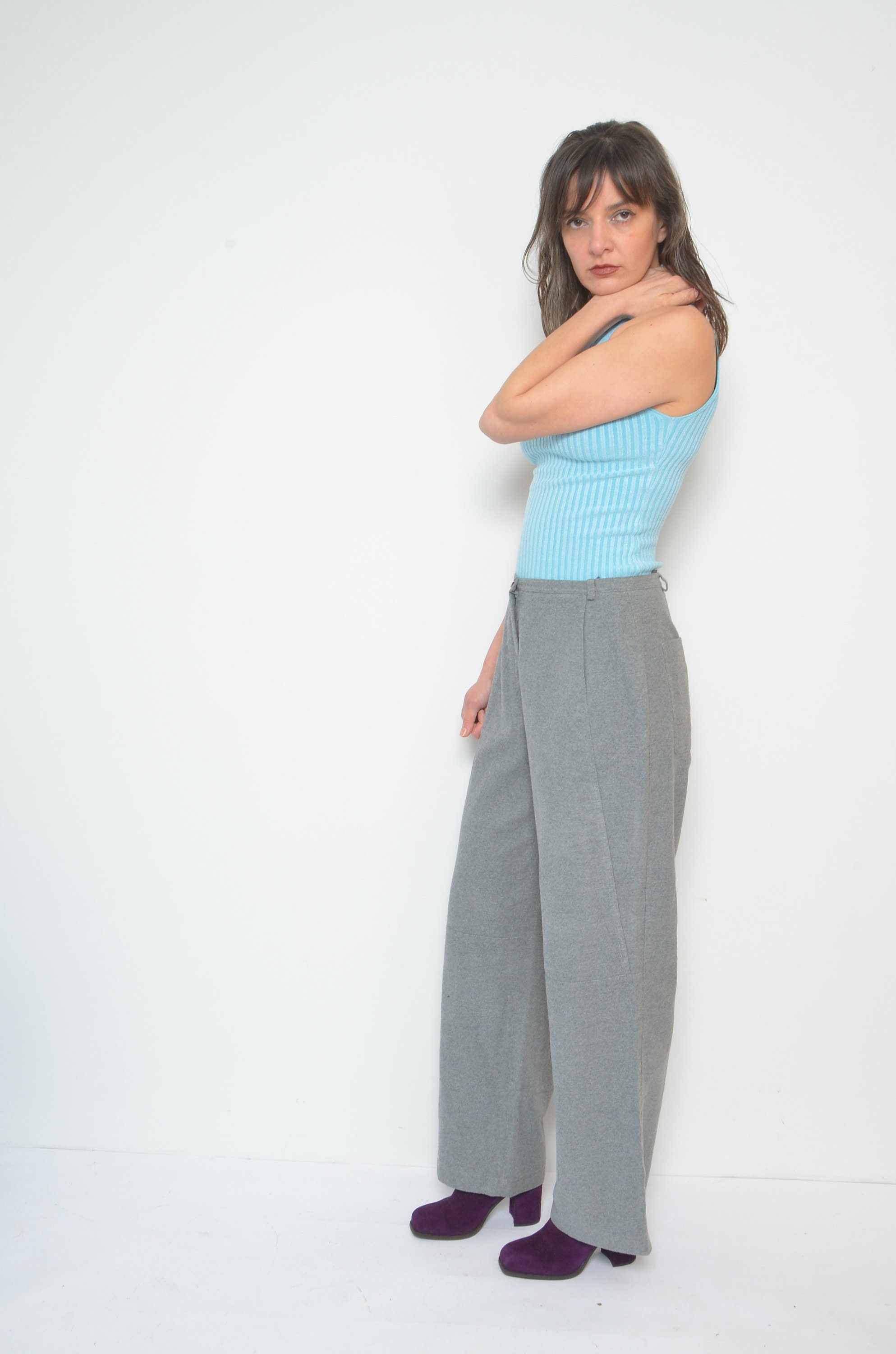 Vintage 90s Wide Leg Pants: High Waist Gray Trousers, Size Large