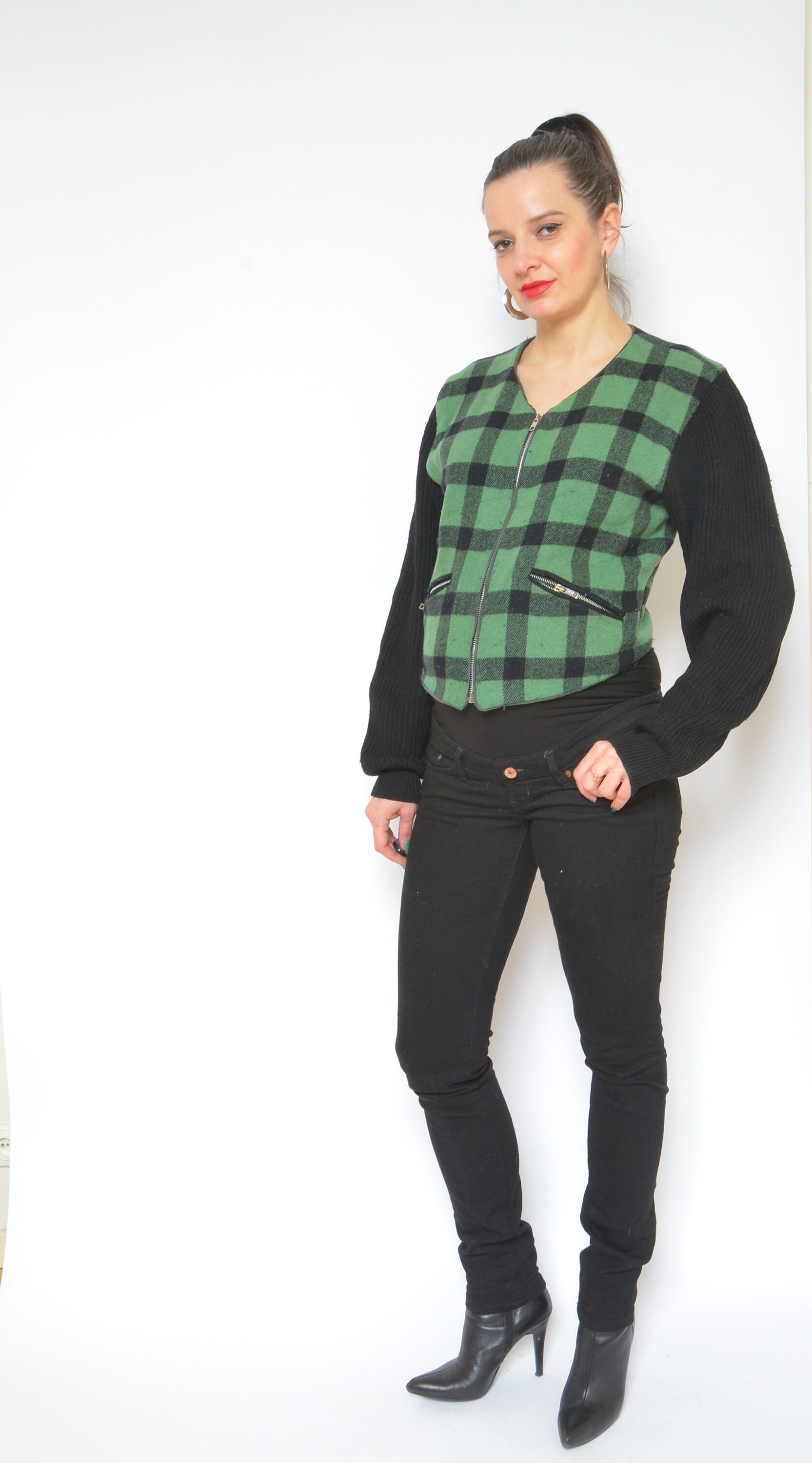 ジャケット・アウター 90s vintage agnes b. short zip blouson Agnes B Wool Cropped Jacket / Vintage 90s Checkered Knit