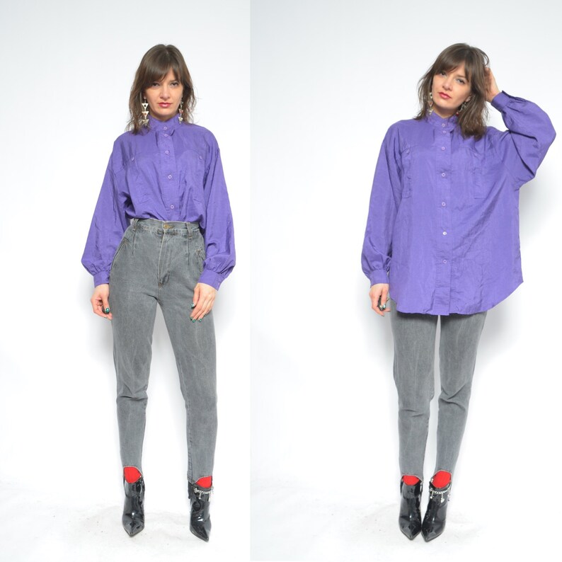 Big Sleeve Button Blouse Vintage 80s Oversized Silk Like Long Sleeve Purple Shirt Large Sleeve Top Size Extra Large