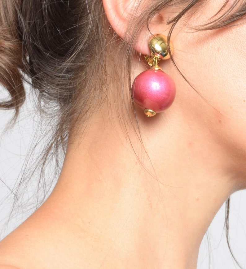 Pink Gold Dangling Clip On Earrings / Massive Statement Jewelry / Large Bead Earrings zdjęcie 10