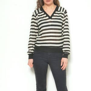 Vintage 80s Striped Sheer Sweater / V-Neck Knit Top - Size M