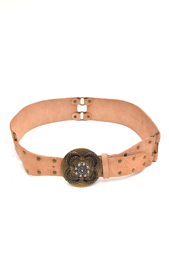 Vintage 70s Suede Leather Belt With Ornate Brass Buckle - Etsy display picture 3