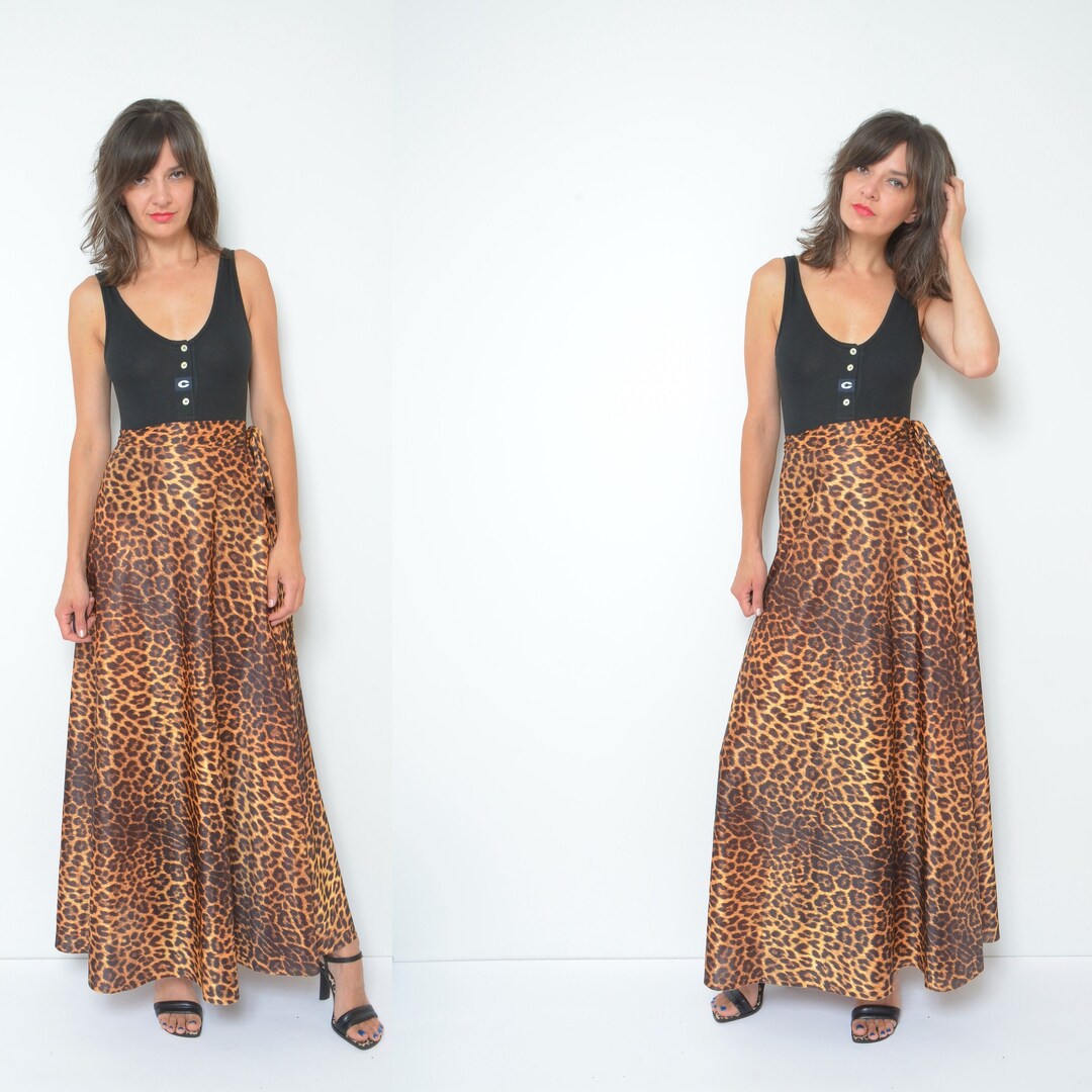 Leopard Print Wrap up Skirt / Vintage 80s Animal Pattern Long Maxi