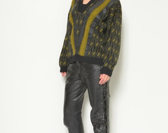 Pull en laine et cuir pull vintage des années 80 à col en V