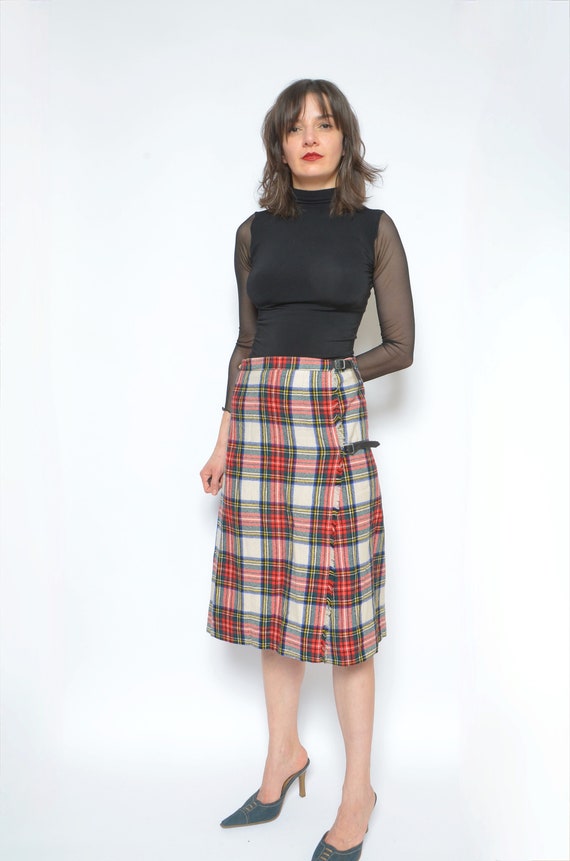 Tartan Wool Skirt / Vintage 80s Pleated Pleated H… - image 3