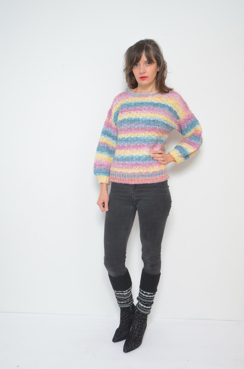 Pastel Rainbow Sweater / Vintage 90s Crochet Colorful Oversized Pullover Size Small image 3