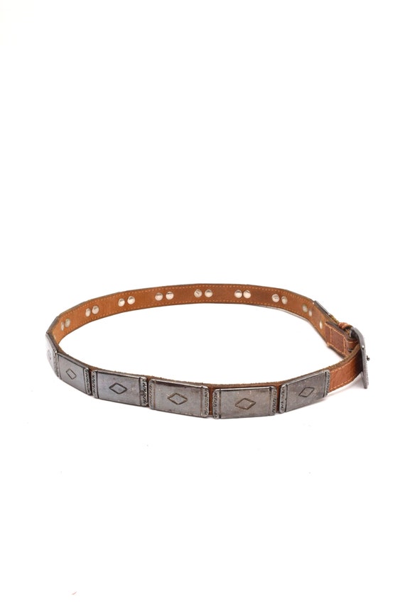 Vintage 90's Brown Thin Leather Belt with Metal S… - image 4