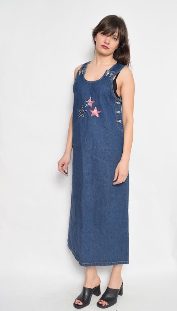 Vintage 90's Denim Overall Dress / Blue Denim Max… - image 3