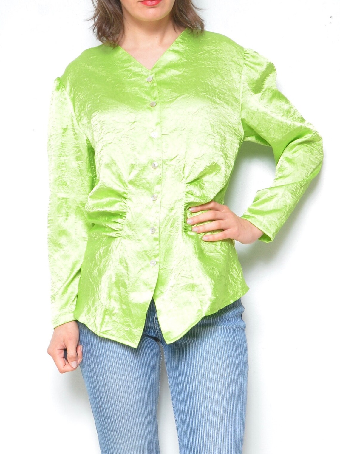 Lime Green Satin Button Blouse / Vintage 80s Shiny Long Sleeve | Etsy