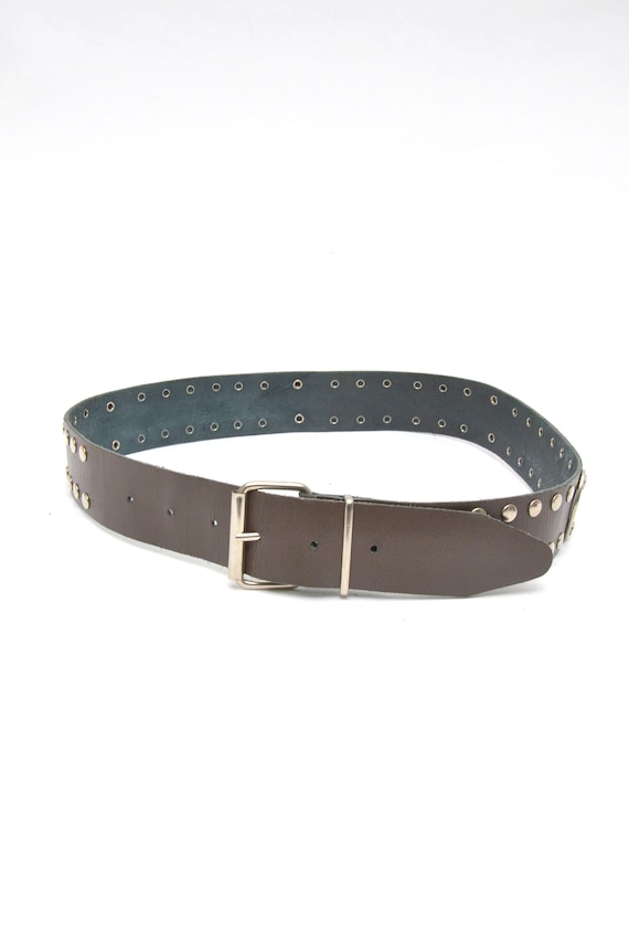 Vintage 90's Gray Wide Leather Belt with Silver S… - image 2