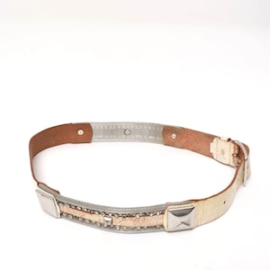 Vintage 90s Distressed White Leather Belt with Silver Metal Buckle, Large Studs, Rhinestones and Metal Mesh