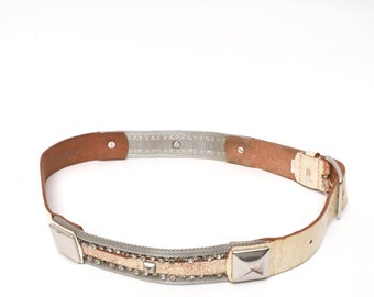 Vintage 90s White Leather Belt, Silver Studs and Mesh
