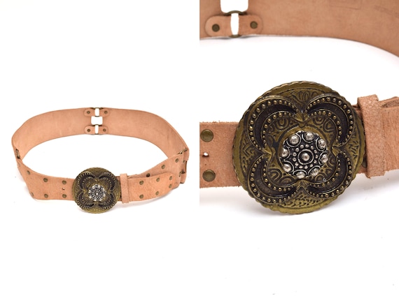Vintage 70s Suede Leather Belt With Ornate Brass Buckle - Etsy display picture 1