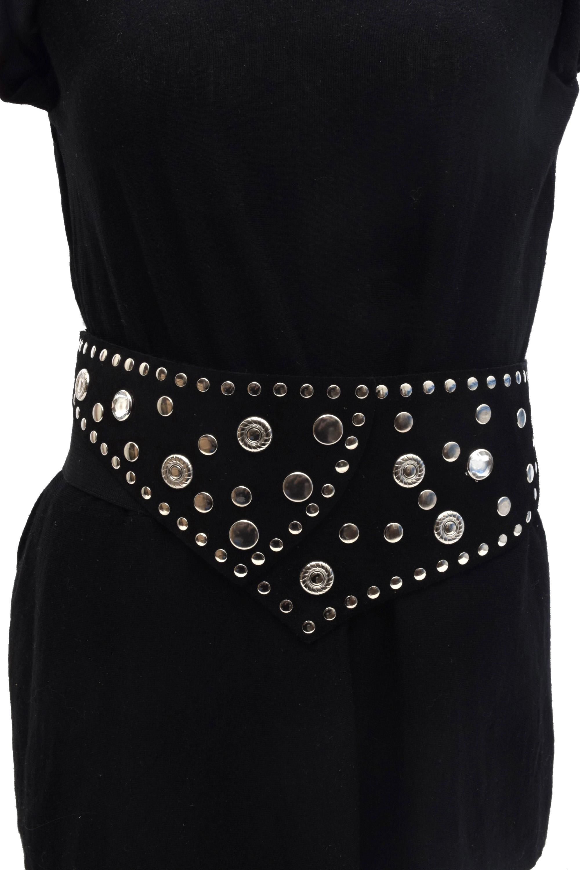 Wide Studded Vintage Black Leather Waist Belt with Brass and Silver Coin Buckle Black Aged Gold + Silver Studded Leather Belt – Ginger Blue  main image 2