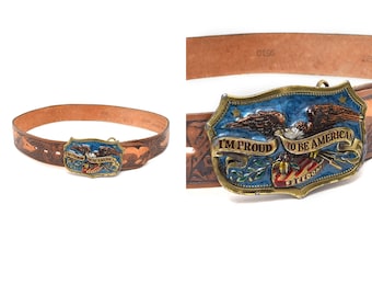 Ceinture en cuir gaufré vintage des années 90 : boucle aigle, fabriquée aux États-Unis