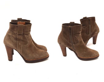 Botines vintage de ante: Botines de tacón alto de piel marrón (talla 37,5 UE / 7 EE. UU.)