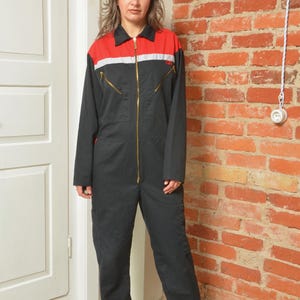 Vintage Black Red Utility Jumpsuit - Size 48 EU Men - Workwear Coverall with Zipper Front