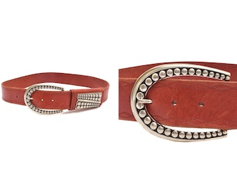 Vintage Red Leather Belt With Thick Silver Horseshoe Buckle  display picture 2