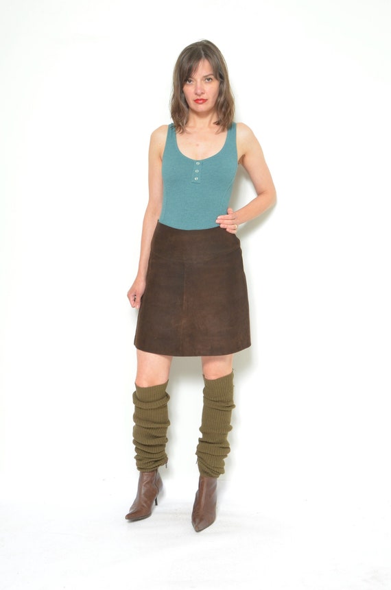 Vintage 70s Flared Real Suede Leather Skirt - Size