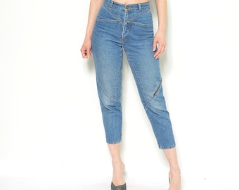 80s Vintage High Waist Cropped Jeans Blue Denim Small