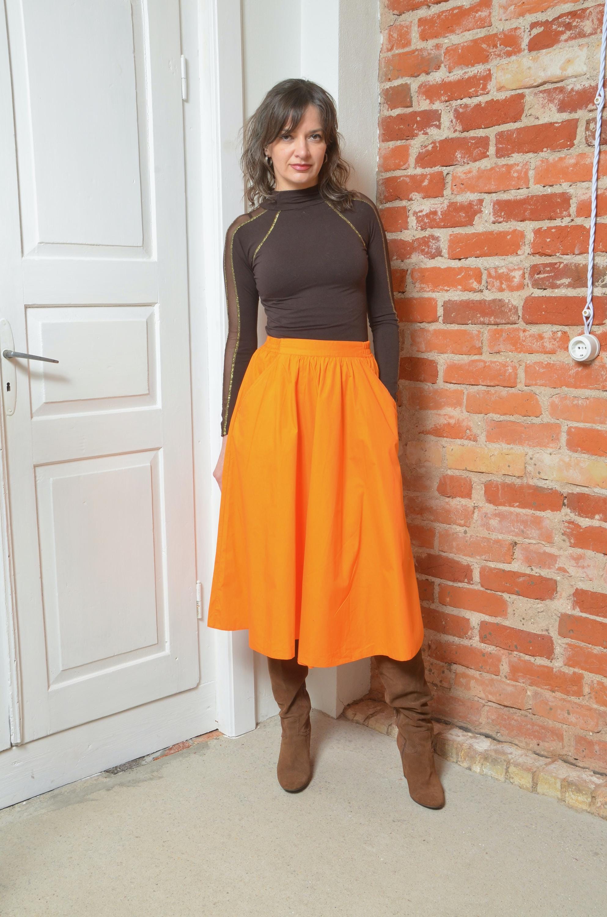 Vintage 80s High Waist Bright Orange Full Skirt - Summer Wear