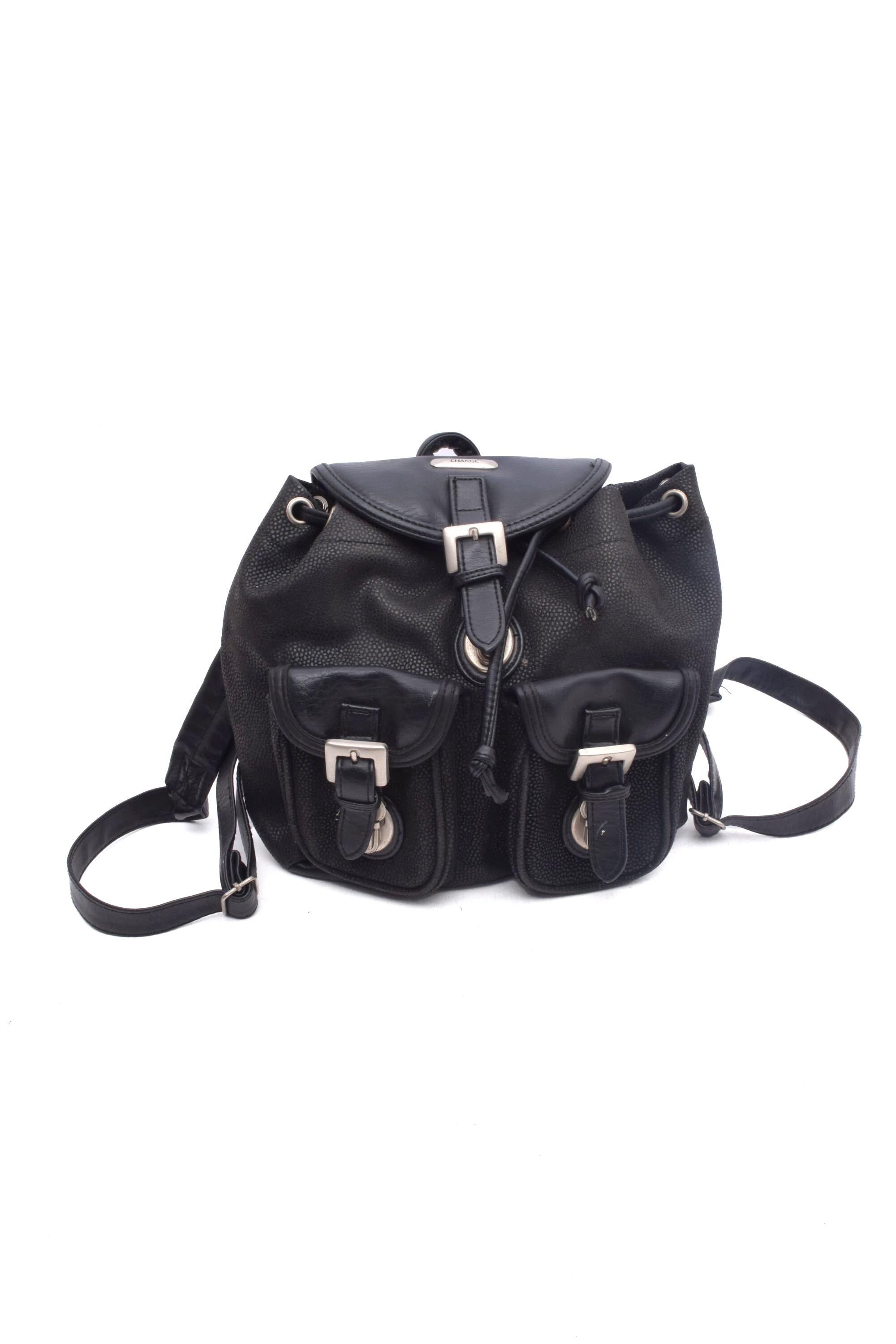 Vintage black/silver distressed leather backpack distressed black leather firkin bag with newspaper details  main image 3