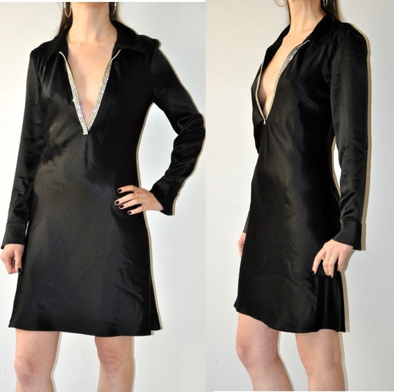 Satin Deep V-Neck Dress / Vintage 90's Black Eveni