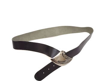 Vintage Fahrenheit NY Wide Black Leather Belt‎ Pewter Buckle 80s Wearable Art Vintage Fahrenheit NY Wide Black Leather Belt Pewter Buckle  main image 4