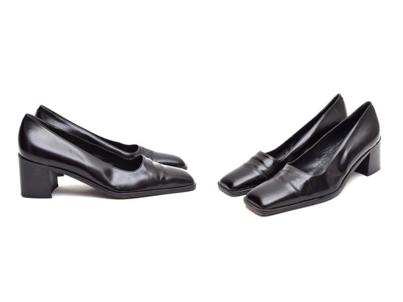 Vintage 90s Black Leather Chunky Heel Square Toe Pumps