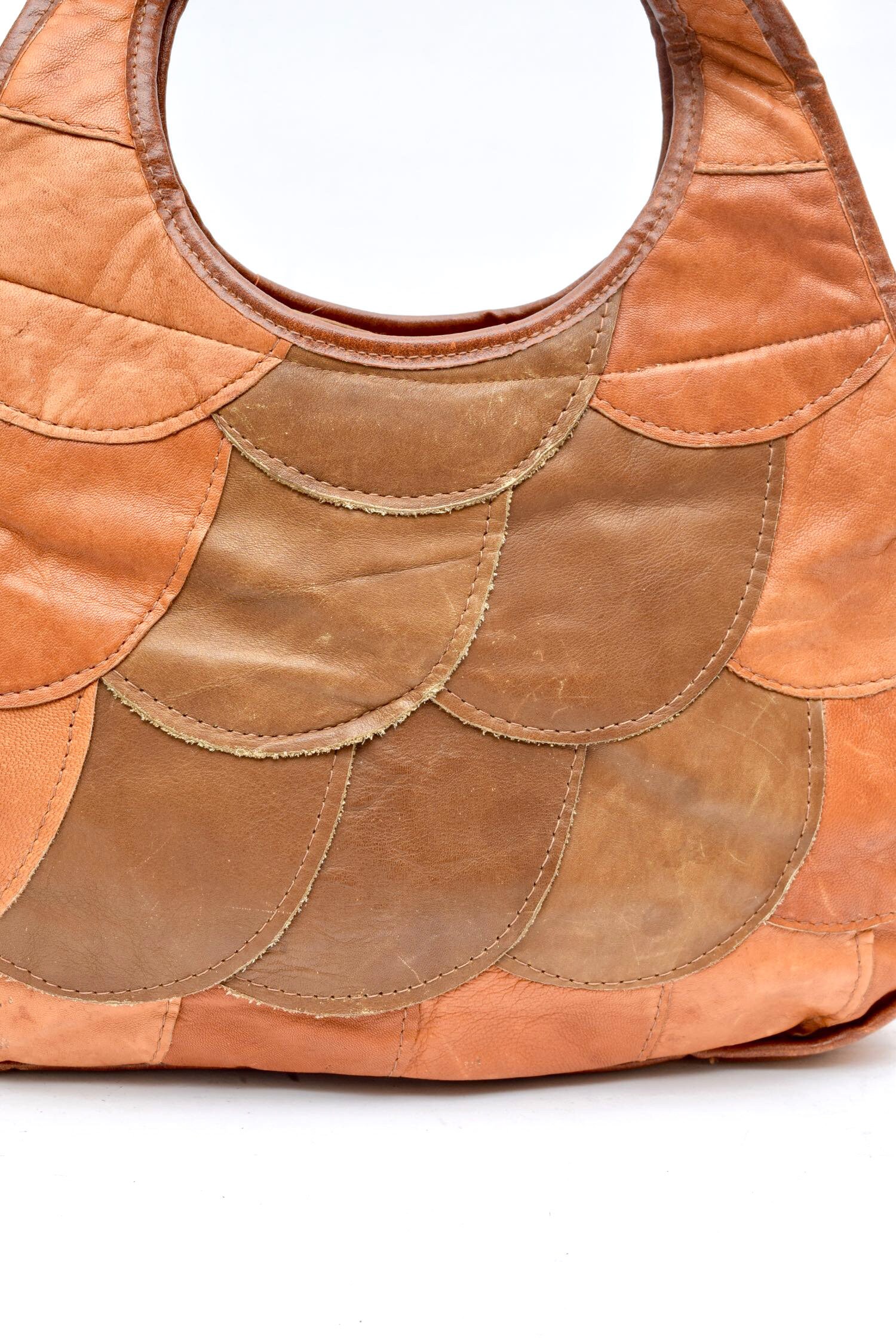 Sac à Main Patchwork Cuir Marron Vintage Années 70-80 - Taille Moyenne, Style Hippie