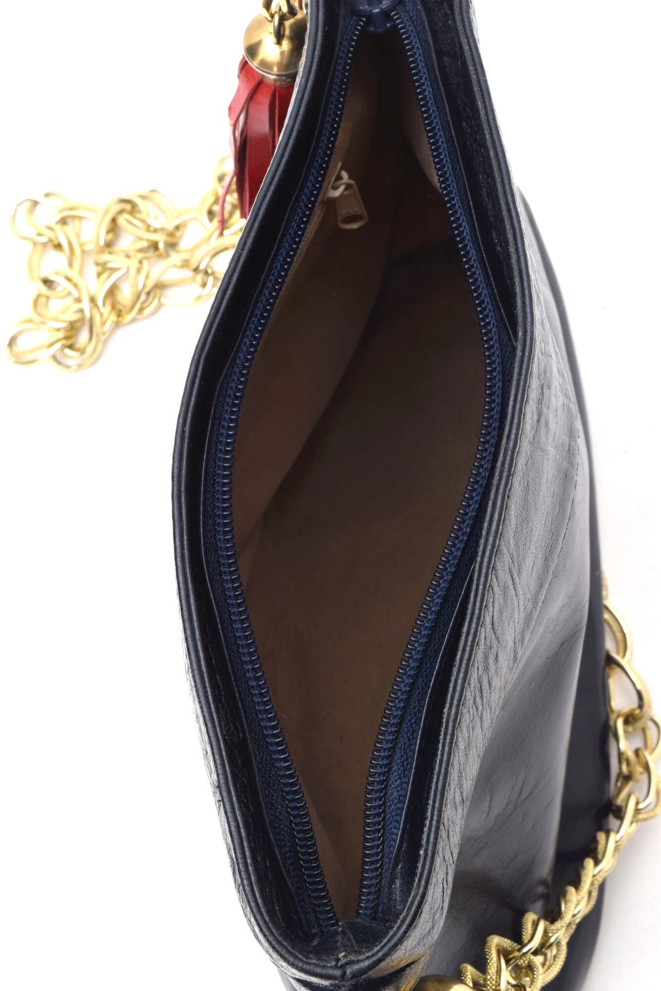 Vintage 90s Leather Shoulder Bag: Gold Chain Strap, Red Tassel