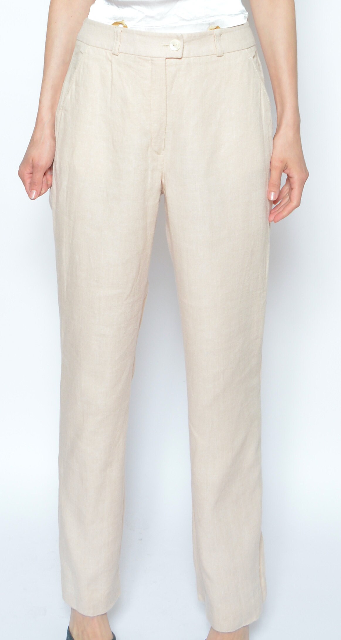 Linen Trousers Natural Beige 90’s～ Linen Pants / Vintage 90s Beige Pocket Straight Leg Trousers