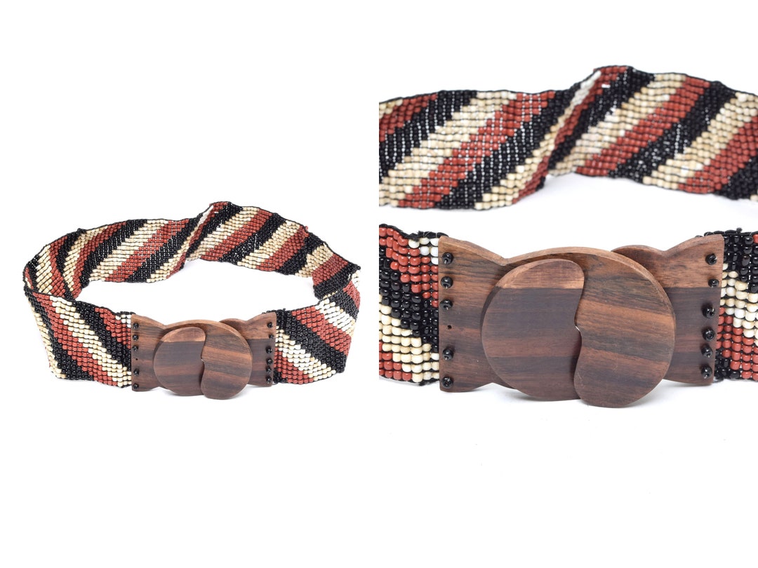 Vintage Beaded Horizonal Striped Stretchy Belt Wood Grain Interlocking Buckle Vintage 90s Beaded Stretch Belt: Brown Wood Buckle - Etsy main image 2
