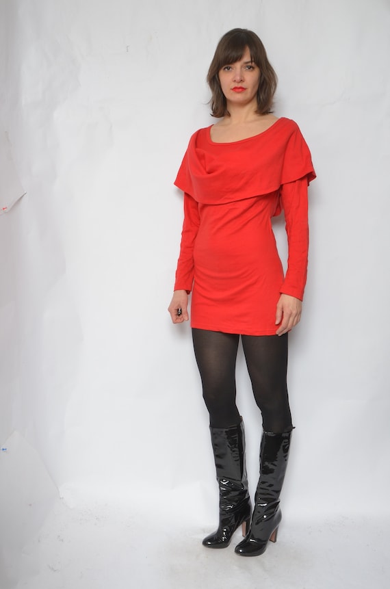 Red Tight Mini Dress / vintage 90s Wide Neck Long Sleeve Short Dress - Size Medium Red Tight Mini Dress / vintage 90s Wide Neck Long Sleeve Short Dress - Size Medium