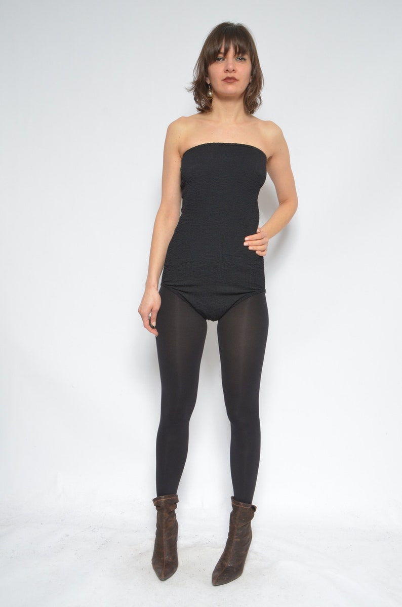 Size Large Strapless Ribbed Leotard Vintage 80s Sleeveless Black Blouse