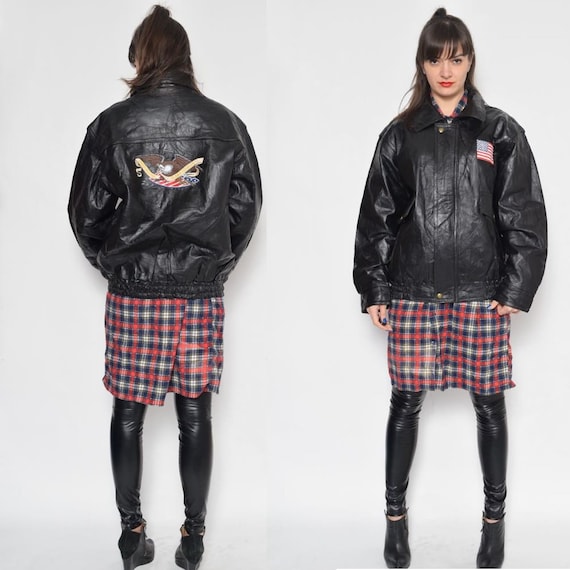 Vintage 80's American Flag Leather Bomber Jacket / Black