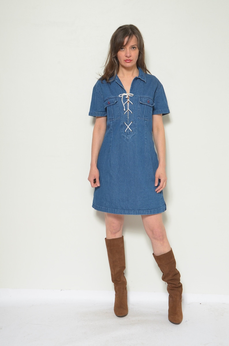 Vintage 90's Lace Up Denim Dress / Short Sleeve Jean Mini Dress Size XL image 1