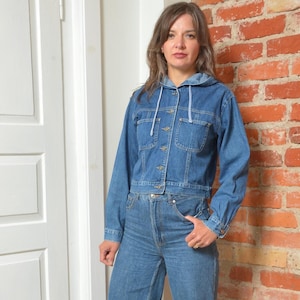 Vintage 90s Cropped Denim Hoodie Jacket – Size M
